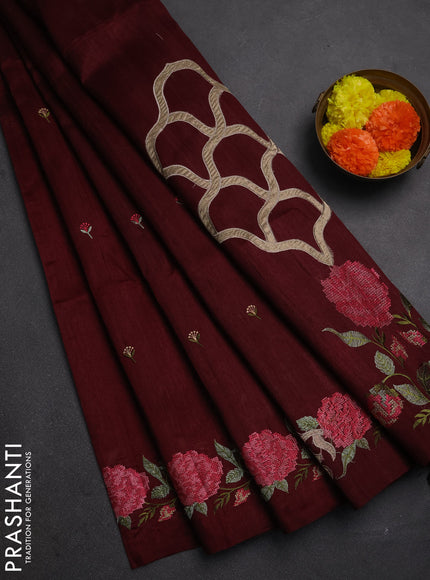 Deep Maroon Semi Raw Silk Saree - Embroidery Work