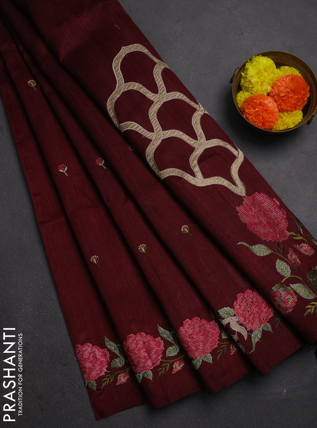 Deep Maroon Semi Raw Silk Saree - Embroidery Work