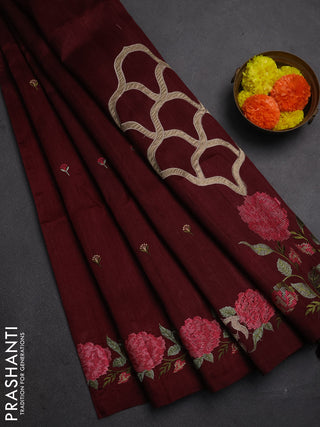 Deep Maroon Semi Raw Silk Saree - Embroidery Work