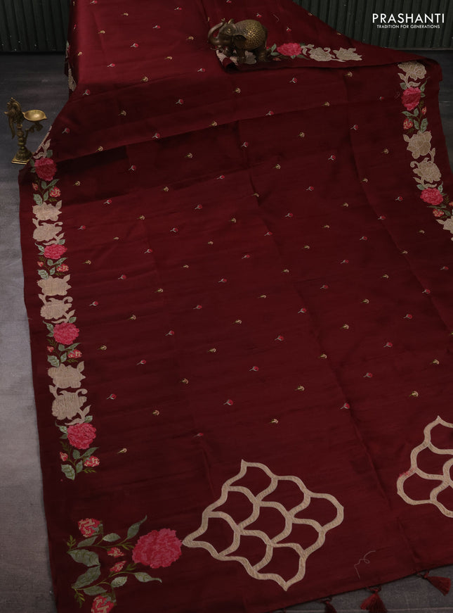 Deep Maroon Semi Raw Silk Saree - Embroidery Work
