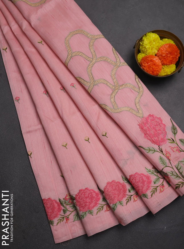 Peach Shade Semi Raw Silk Saree - Embroidery Work