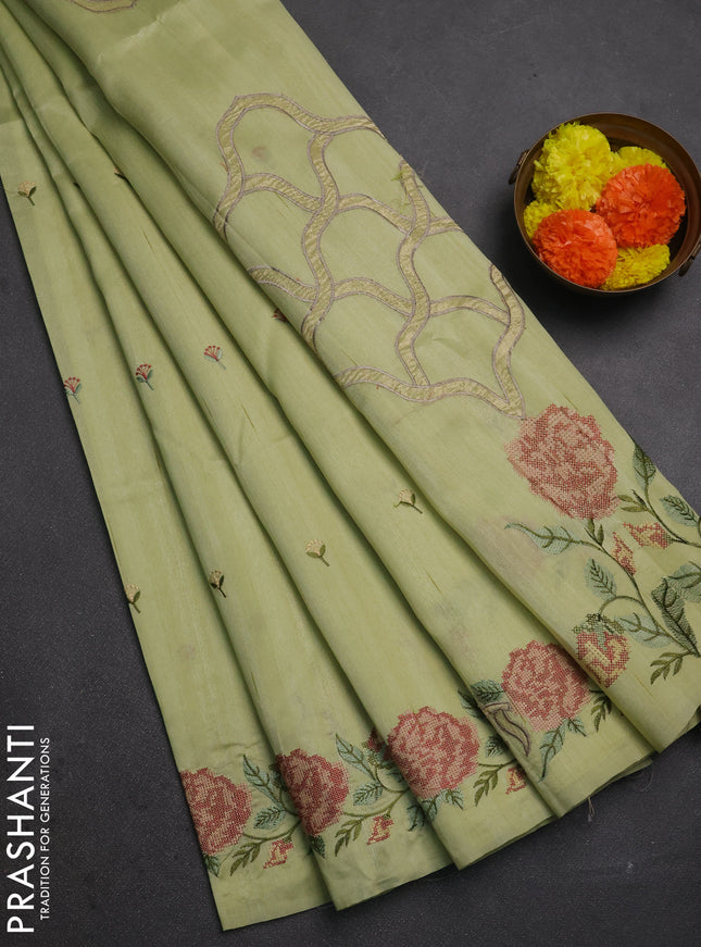 Pista Green Semi Raw Silk Saree - Embroidery Work