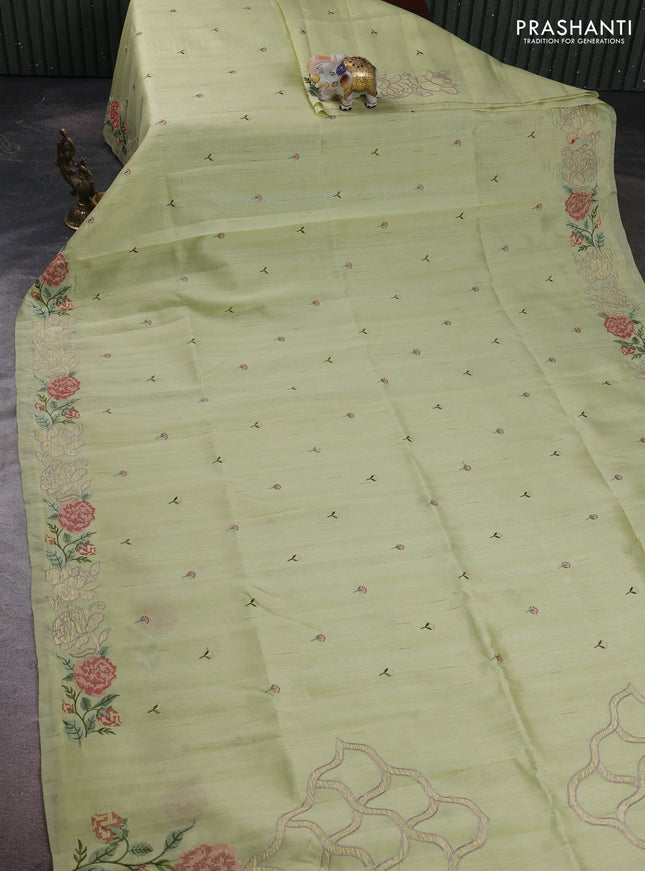Pista Green Semi Raw Silk Saree - Embroidery Work