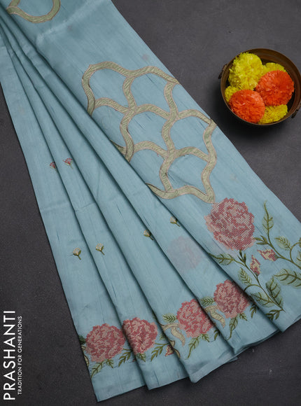 Pastel Blue Semi Raw Silk Saree - Embroidery Work