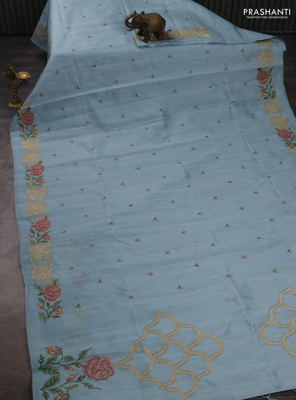 Pastel Blue Semi Raw Silk Saree - Embroidery Work