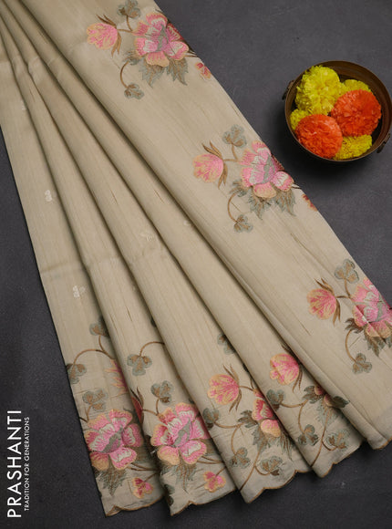 Beige Semi Raw Silk Saree - Embroidery Work