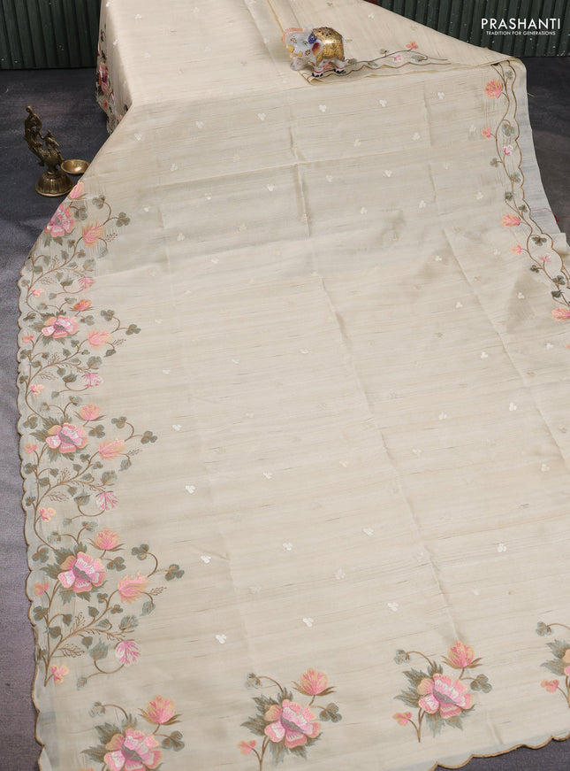 Beige Semi Raw Silk Saree - Embroidery Work