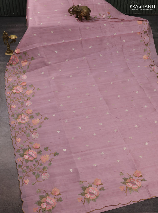 Pastel Pink Semi Raw Silk Saree - Embroidery Work