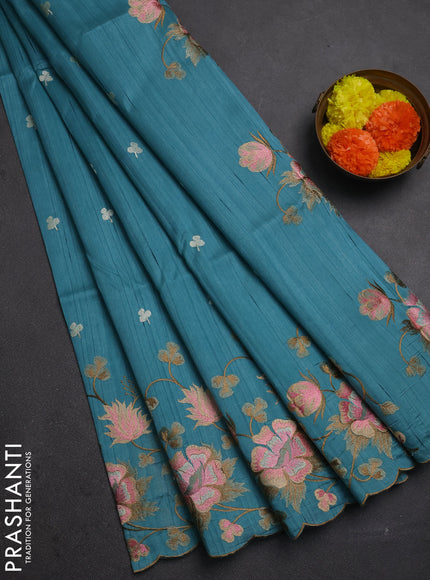 Teal Blue Semi Raw Silk Saree - Embroidery Work