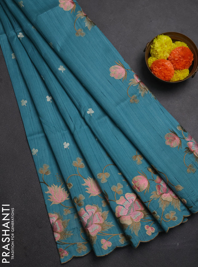 Teal Blue Semi Raw Silk Saree - Embroidery Work