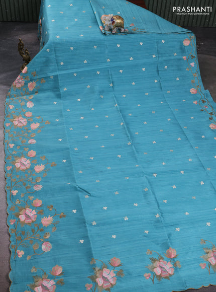 Teal Blue Semi Raw Silk Saree - Embroidery Work