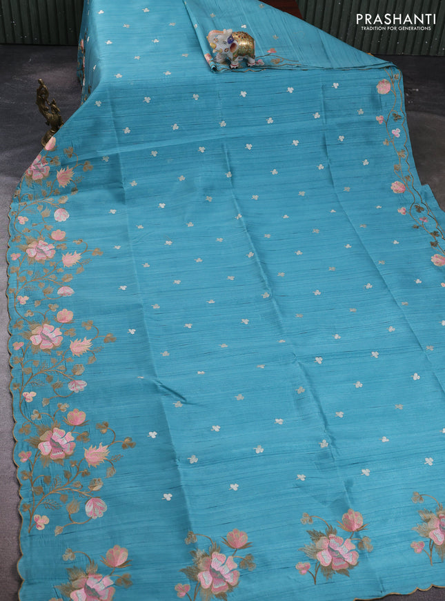 Teal Blue Semi Raw Silk Saree - Embroidery Work