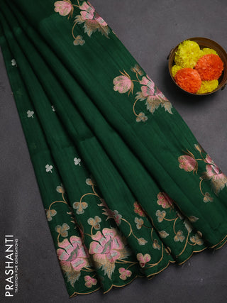 Bottle Green Semi Raw Silk Saree - Embroidery Work