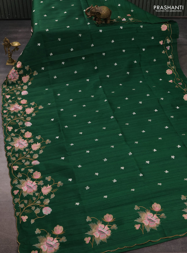 Bottle Green Semi Raw Silk Saree - Embroidery Work