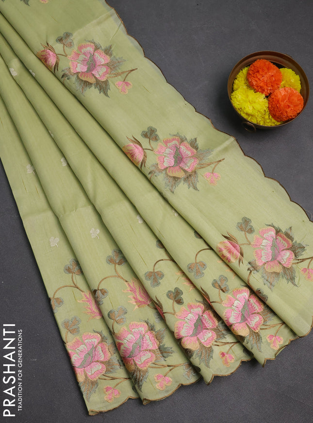 Pista Green Semi Raw Silk Saree - Embroidery Work