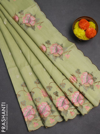 Pista Green Semi Raw Silk Saree - Embroidery Work