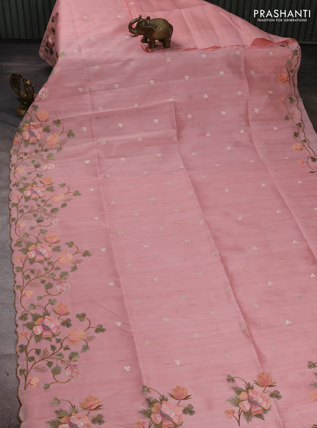 Peach Shade Semi Raw Silk Saree - Embroidery Work