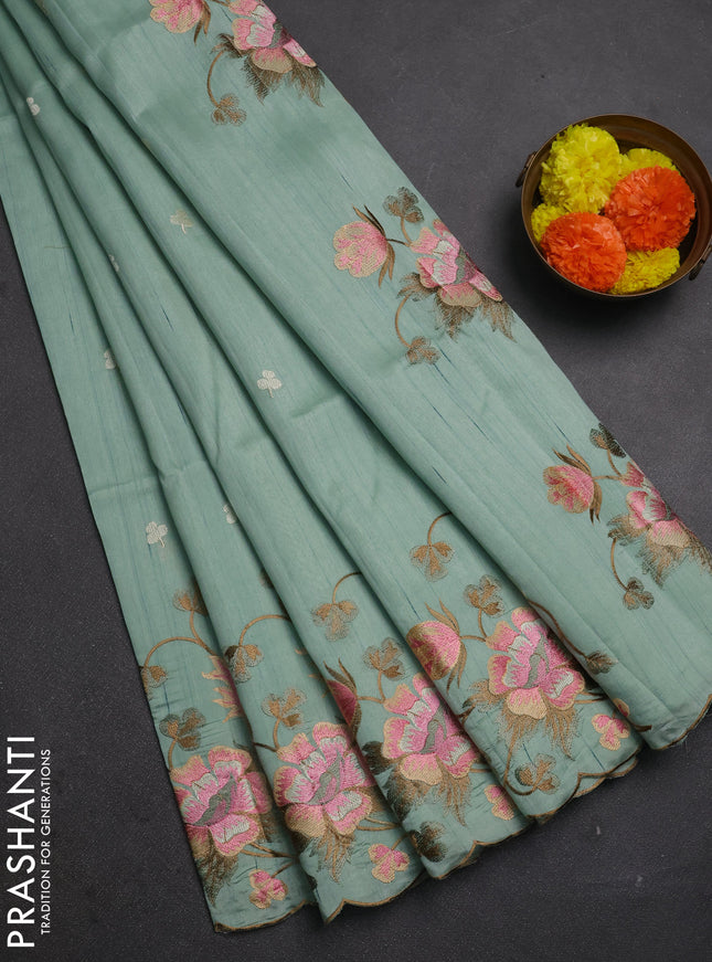 Teal Green Semi Raw Silk Saree - Embroidery Work