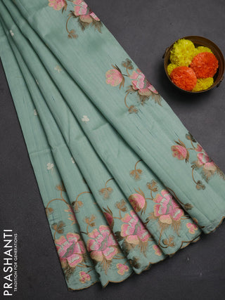 Teal Green Semi Raw Silk Saree - Embroidery Work