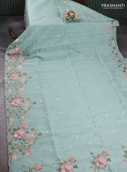 Teal Green Semi Raw Silk Saree - Embroidery Work