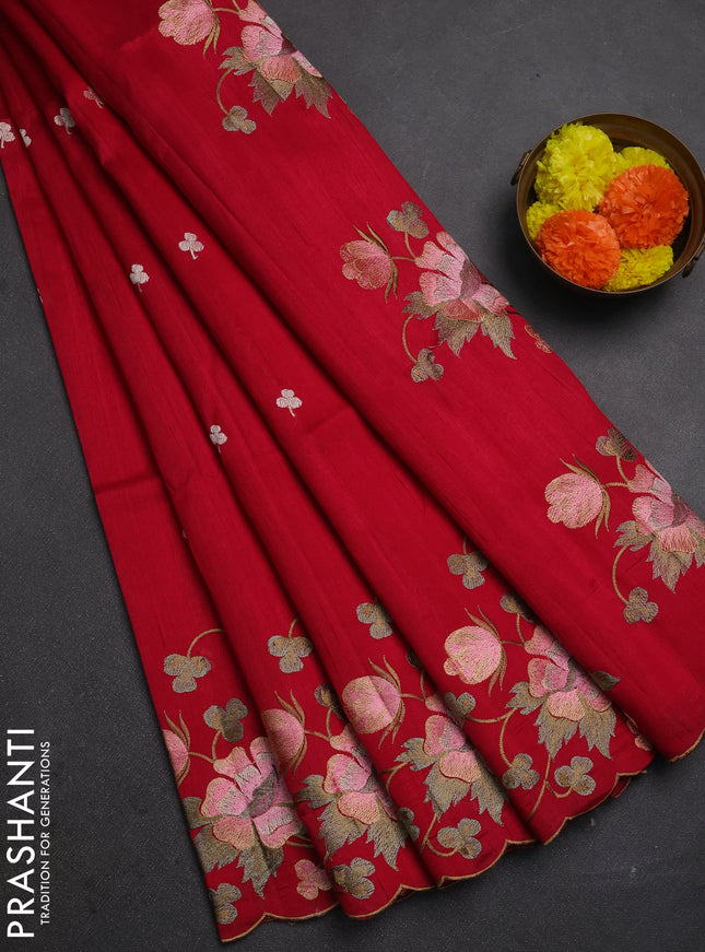 Dark Pink Semi Raw Silk Saree - Embroidery Work