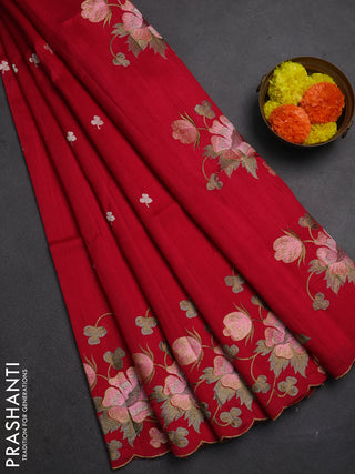 Dark Pink Semi Raw Silk Saree - Embroidery Work