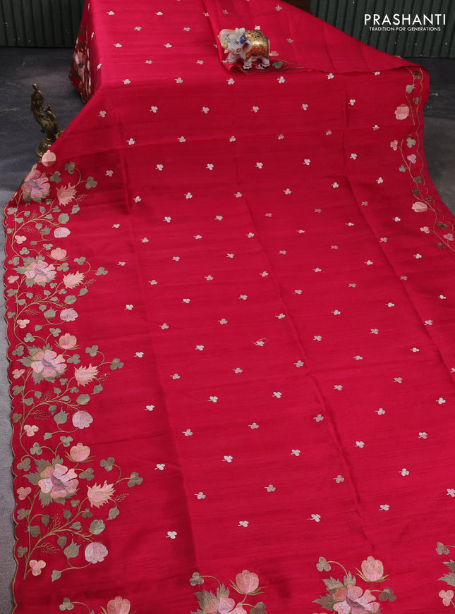 Dark Pink Semi Raw Silk Saree - Embroidery Work