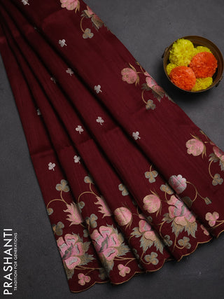 Wine Shade Semi Raw Silk Saree - Embroidery Work