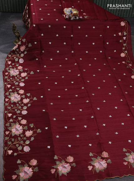 Wine Shade Semi Raw Silk Saree - Embroidery Work