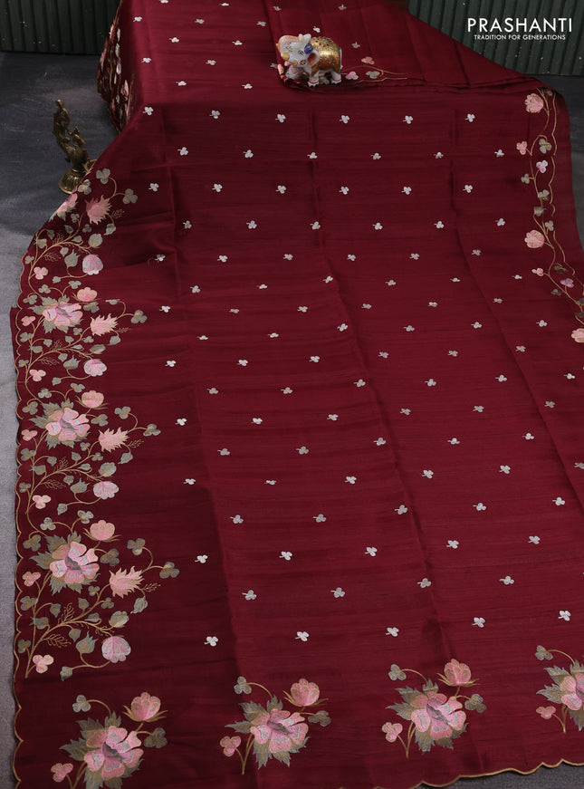 Wine Shade Semi Raw Silk Saree - Embroidery Work