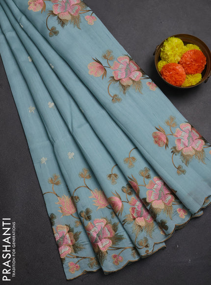 Pastel Blue Semi Raw Silk Saree - Embroidery Work