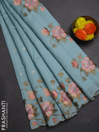 Pastel Blue Semi Raw Silk Saree - Embroidery Work