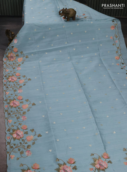 Pastel Blue Semi Raw Silk Saree - Embroidery Work
