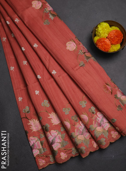 Dark Peach Shade Semi Raw Silk Saree - Embroidery Work