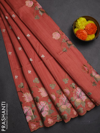 Dark Peach Shade Semi Raw Silk Saree - Embroidery Work