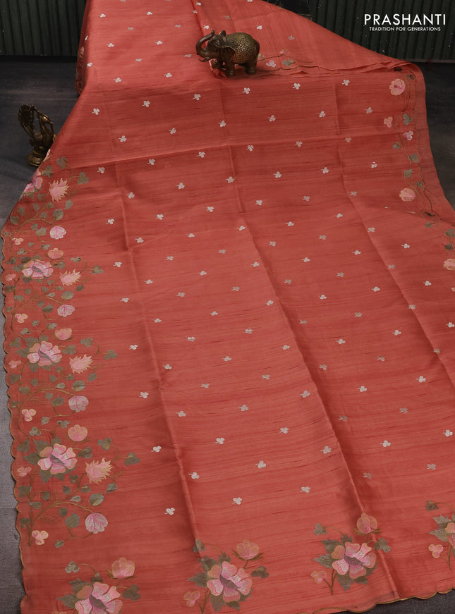 Dark Peach Shade Semi Raw Silk Saree - Embroidery Work