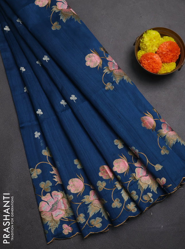 Peacock Blue Semi Raw Silk Saree - Embroidery Work