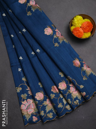 Peacock Blue Semi Raw Silk Saree - Embroidery Work