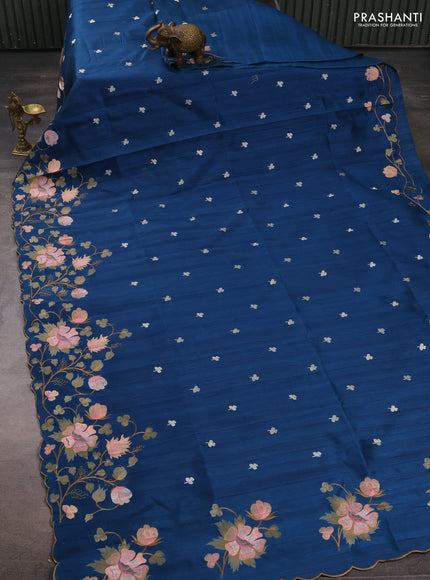 Peacock Blue Semi Raw Silk Saree - Embroidery Work