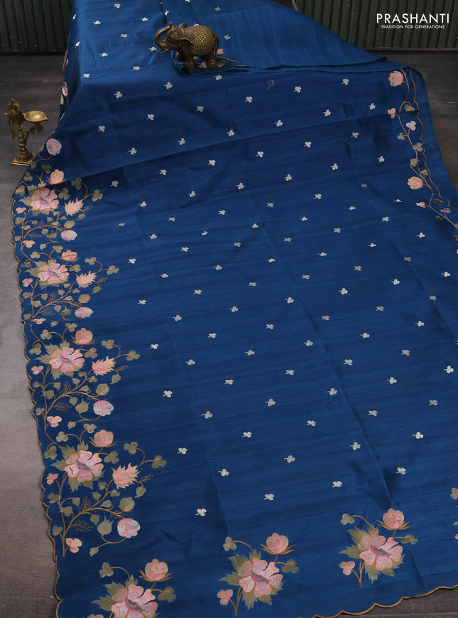 Peacock Blue Semi Raw Silk Saree - Embroidery Work