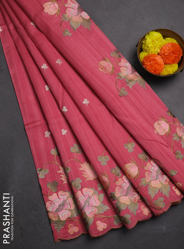 Peach Pink Semi Raw Silk Saree - Embroidery Work