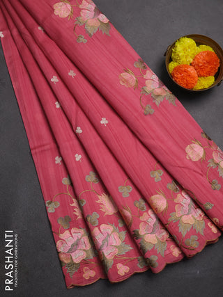 Peach Pink Semi Raw Silk Saree - Embroidery Work