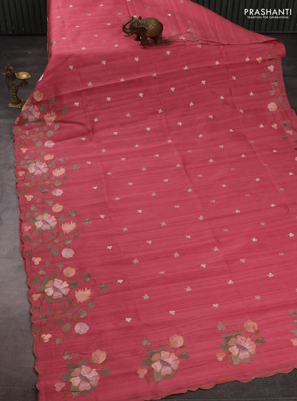 Peach Pink Semi Raw Silk Saree - Embroidery Work