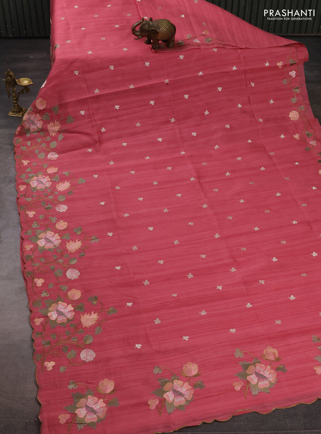Peach Pink Semi Raw Silk Saree - Embroidery Work