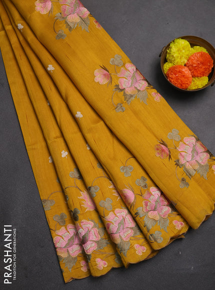Dark Mustard Semi Raw Silk Saree - Embroidery Work
