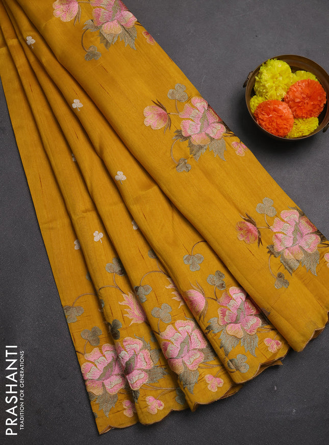 Dark Mustard Semi Raw Silk Saree - Embroidery Work