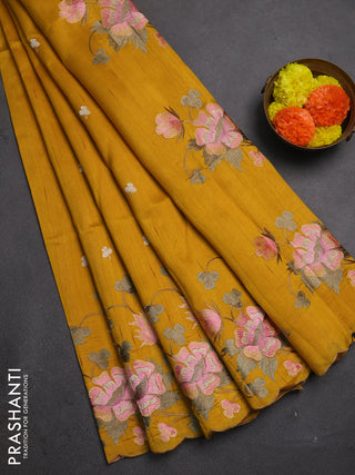 Dark Mustard Semi Raw Silk Saree - Embroidery Work