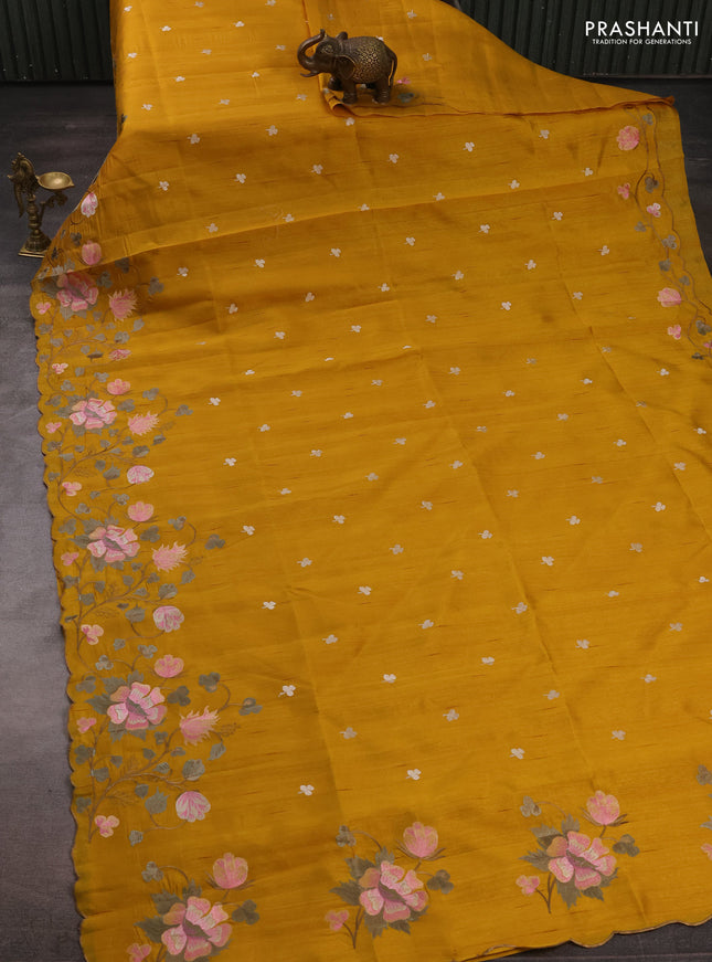 Dark Mustard Semi Raw Silk Saree - Embroidery Work