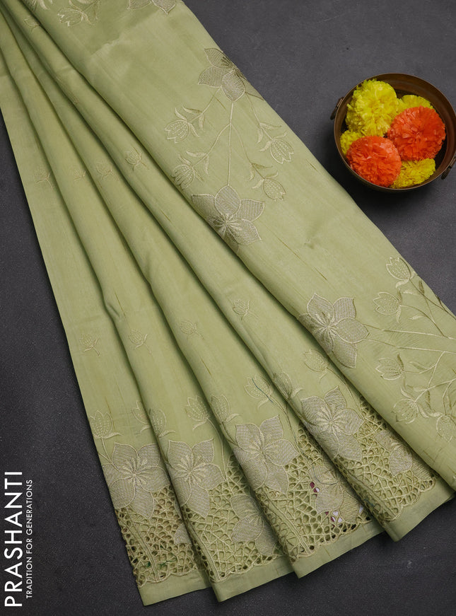Pista Green Semi Raw Silk Saree - Embroidery Work