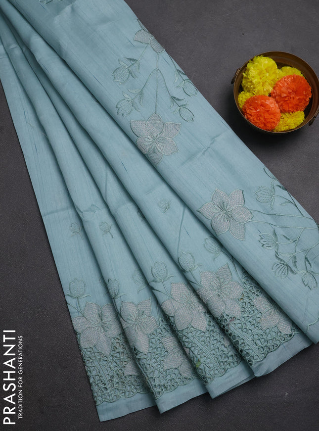 Pastel Blue Semi Raw Silk Saree - Embroidery Work
